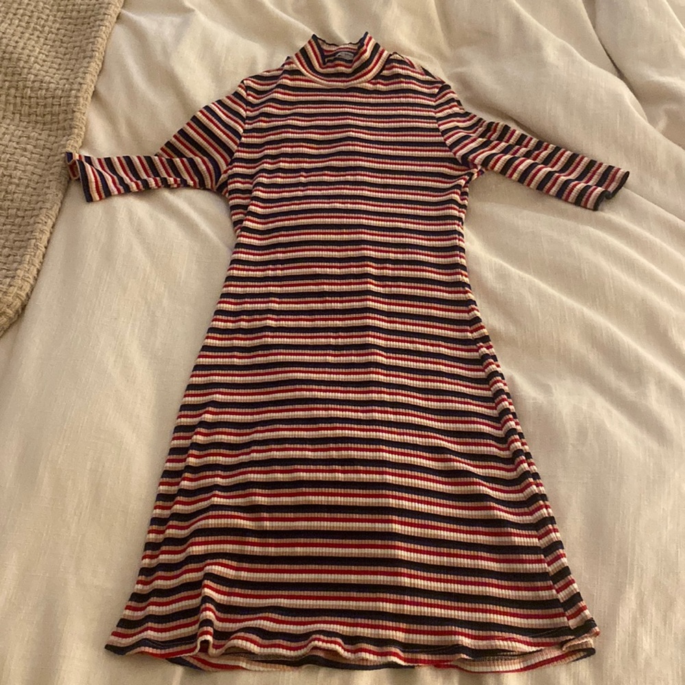 Reformation multicolored stripe dress with short sleeves and mock neck